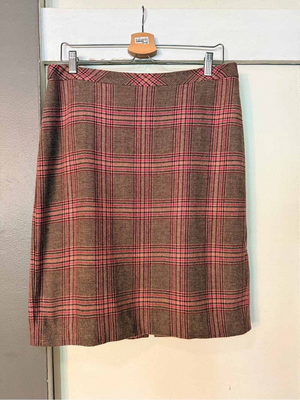 Talbots Brown Plaid Pencil Skirt with Pink Windowpane